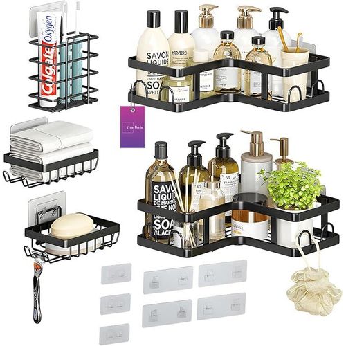 Set d'Étagères d'Angle et Porte-Savons de Salle de Bain Sans Perçage