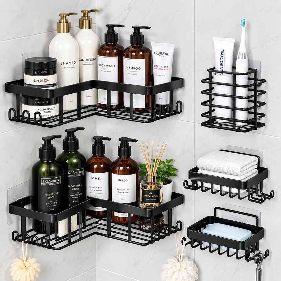 Set d'Étagères d'Angle et Porte-Savons de Salle de Bain Sans Perçage