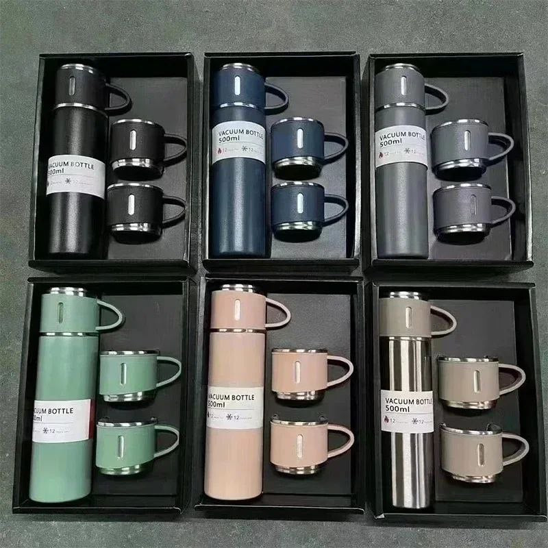 Coffret Bouteille Isotherme Thermos en Acier Inoxydable avec 3 Tasses