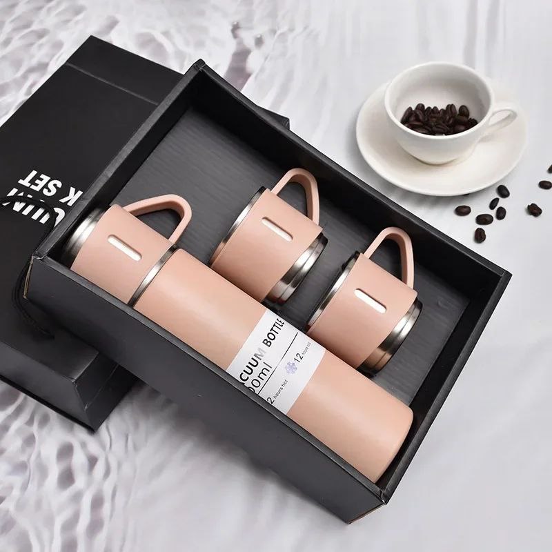 Coffret Bouteille Isotherme Thermos en Acier Inoxydable avec 3 Tasses