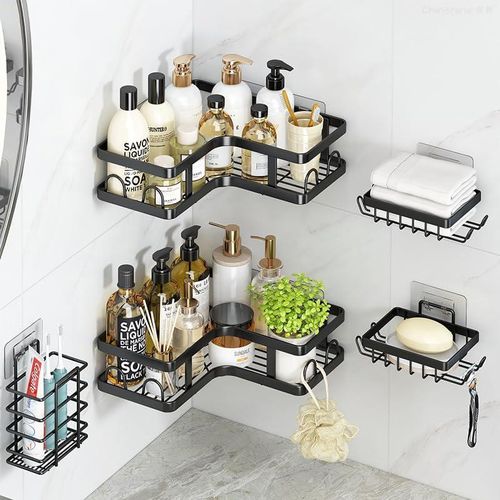 Set d'Étagères d'Angle et Porte-Savons de Salle de Bain Sans Perçage